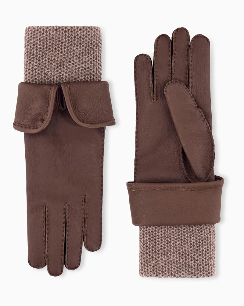 Giorgio Armani Lederhandschuhe mit Strickbund und Kaschmirfutter Braun