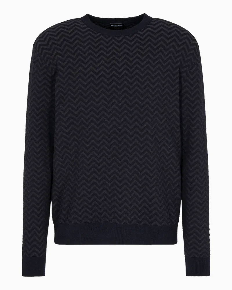 Giorgio Armani Pullover mit Rundhalsausschnitt aus Schurwolle mit Fischgrat-Muster und Vanisé-Effekt Blau