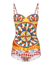 Dolce & Gabbana Einteiliger Balconette-Badeanzug mit Carretto-Print Multicolor