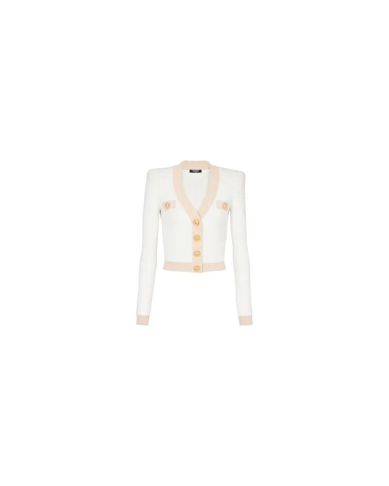 Balmain Cropped-Strickjacke mit Goldborte White