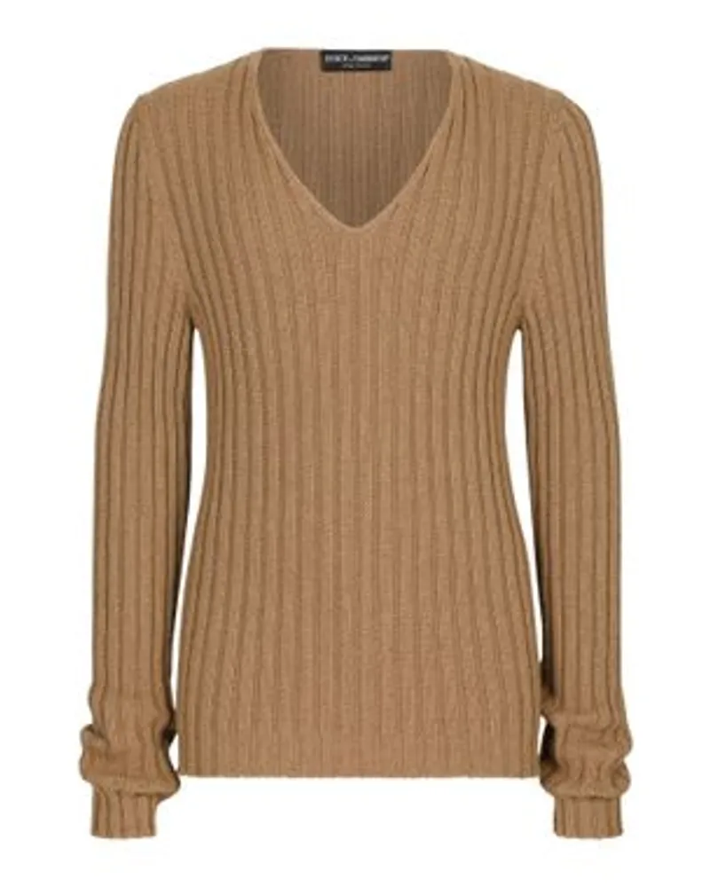 Dolce & Gabbana Gerippter Kamelhaar-Pullover mit V-Ausschnitt Beige