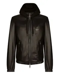 Dolce & Gabbana Lederjacke mit Kapuze und Branding-Tag Black