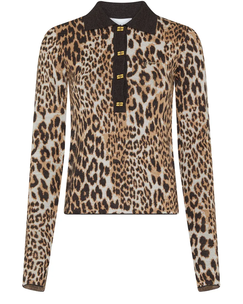 Ganni Poloshirt aus feinem Merino-Jacquard mit Leopardenmuster 