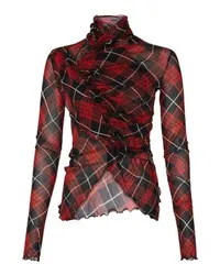 Jean Paul Gaultier Gerafftes Mesh-Longsleeve mit Distorted Tartan-Print Red