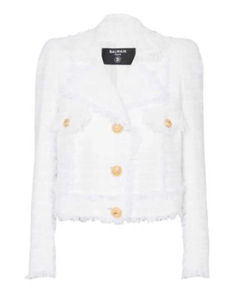 Balmain Kurze Tweedjacke mit Fransen White