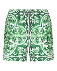 Dolce & Gabbana Halblange Badeshorts mit Majolica-Print Multicolor