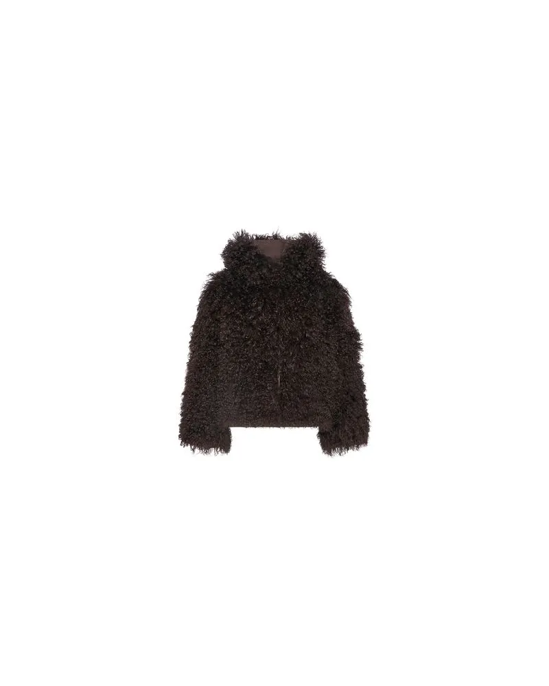 Yves Salomon Daunenjacke aus Funktionsstoff mit Kragen aus langhaarigem Lammfell Brown