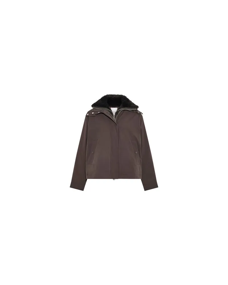 Yves Salomon Kurzer Parka mit Kapuze aus wasserdichtem Funktionsstoff und Shearling-Lammfell Brown