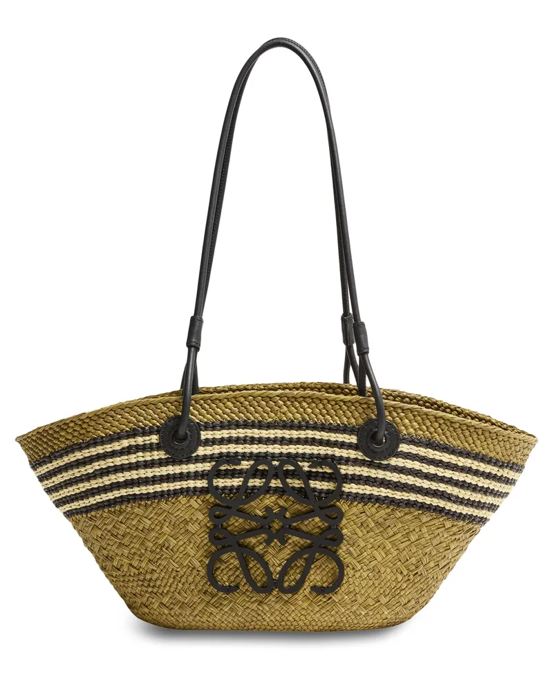 Loewe Mittelgroße Korbtasche Anagram Stripes aus Iraka-Palme und Kalbsleder 