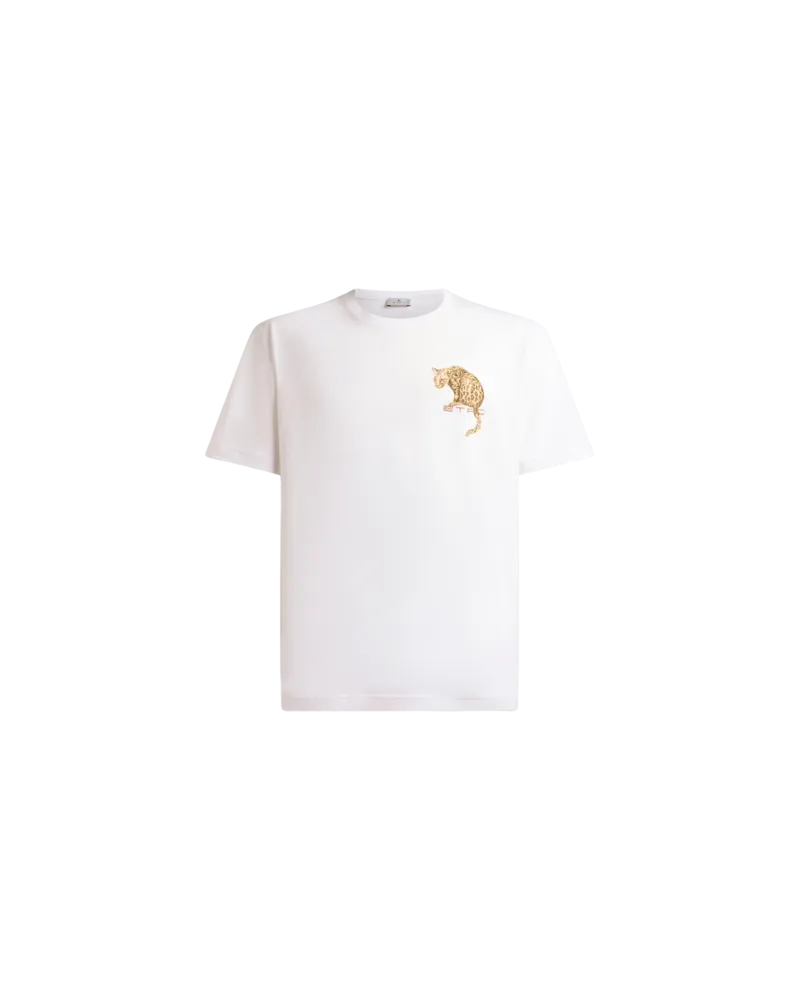 Etro T-shirt Aus Baumwolle Mit Leoparden-print Und Etro-stickerei, Herren, Weiß, Größe Weiß