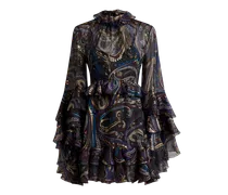 Minikleid Aus Seide Mit Rüsche Und Paisley-foliage-motiv, Damen, Schwarz, Größe