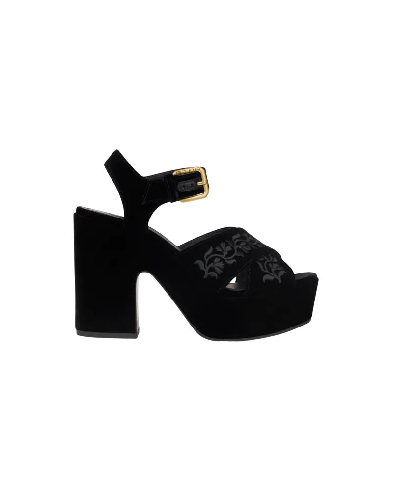 Etro Plateausandalen Aus Bestticktem Samt, Damen, Schwarz, Größe Schwarz