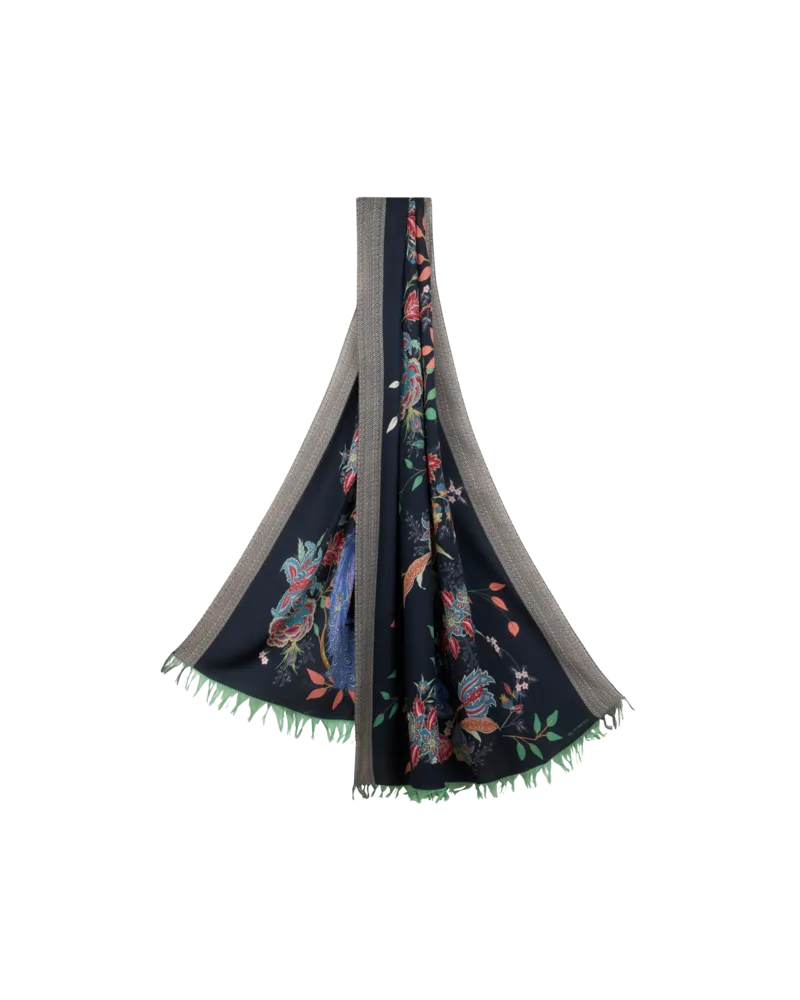 Etro Schal Aus Wolle Mit Pfauen, Herren, Blau Blau