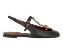 Flacher Slingback Aus Leder Mit Strass, Damen, Schwarz, Größe