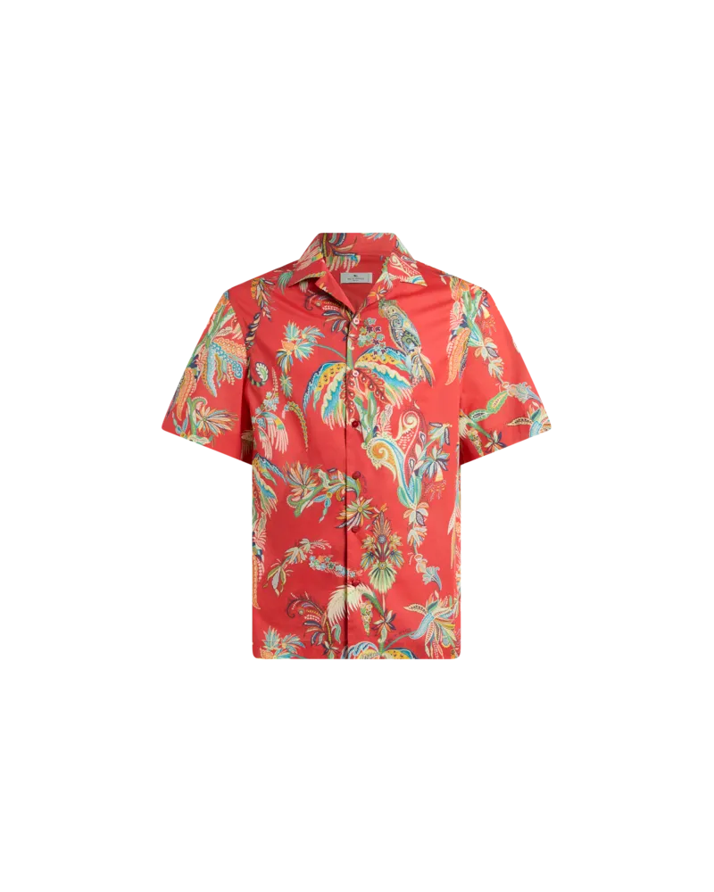 Etro Bowling-hemd Aus Baumwolle Mit Platziertem Papageien- Und Palmen-print, Herren, Rot, Größe Rot