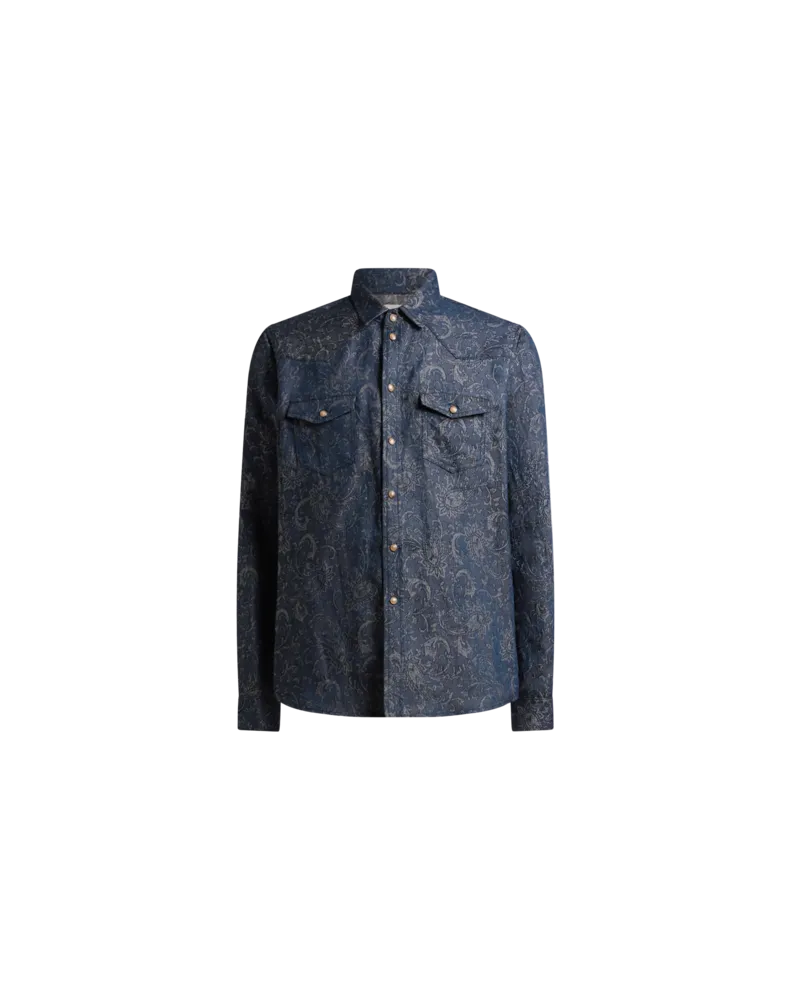 Etro Jacquard-hemd Aus Denim Aus Baumwolle Und Leinen Mit Paisley-ramage-motiv, Herren, Blau, Größe Blau