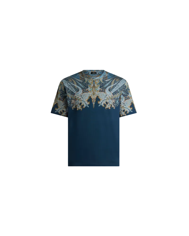 Etro T-shirt Aus Baumwolljersey Mit Platziertem Paisley-pochette-print, Herren, Blau, Größe Blau