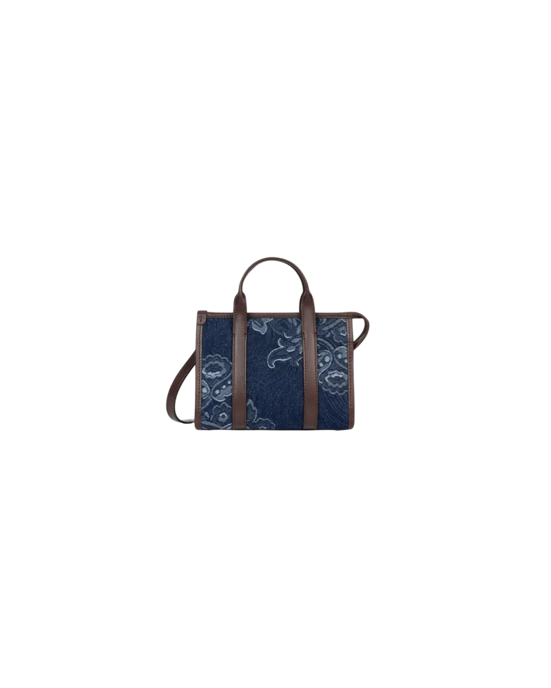 Etro Mini-henkeltasche Aus Denim Mit Jacquardmuster, Damen, Navyblau Navyblau