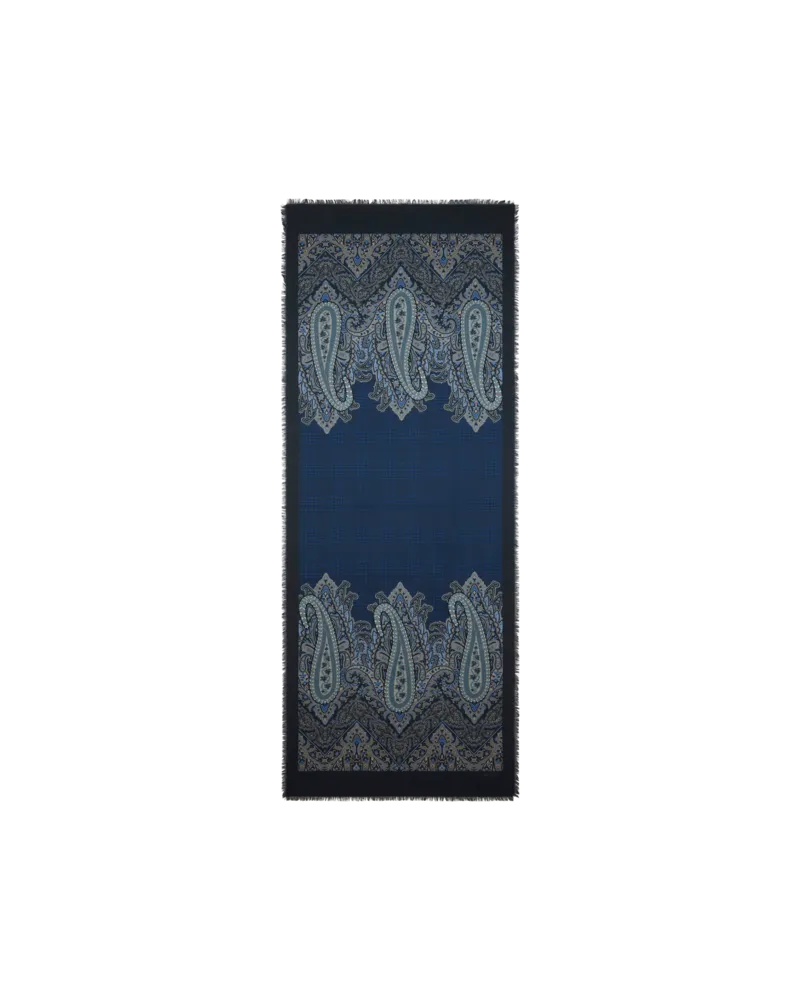 Etro Schal Aus Einer Wollmischung Mit Paisley- Und Karomotiv, Herren, Blau Blau