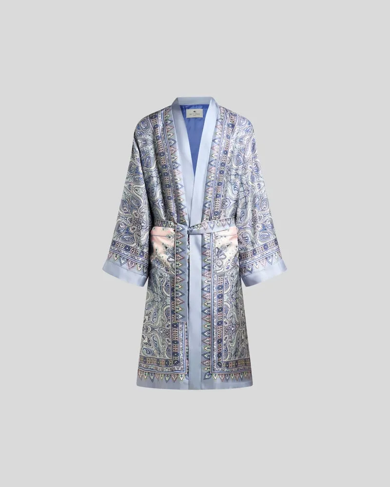 Etro Morgenmantel Aus Seide Mit Platziertem Paisley-pochette-print, Hellblau, Größe Hellblau
