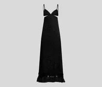 Langes Jacquard-kleid Mit Spitze, Straussenfedern Und Paisley-motiv, Damen, Schwarz, Größe