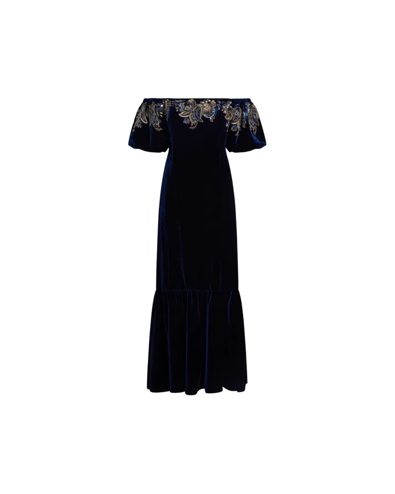Etro Langes Kleid Aus Samt Mit Paisley-foliage-stickerei, Damen, Blau, Größe Blau
