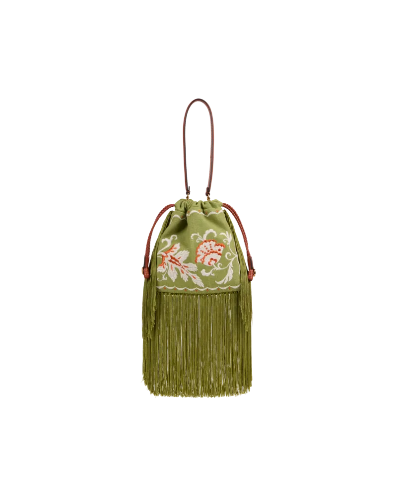 Etro Kleine Tasche Kalispera Aus Einer Leinenmischung Mit Stickerei Und Fransen, Damen, Grün Grün