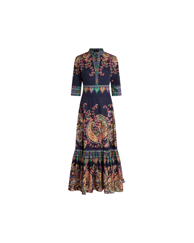 Etro Langes Kleid Aus Baumwolle Mit Platziertem, Floralem Paisley-print, Damen, Blau, Größe Blau