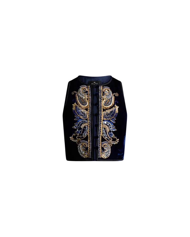 Etro Cropped Weste Aus Samt Mit Paisley-foliage-stickerei, Damen, Blau, Größe Blau
