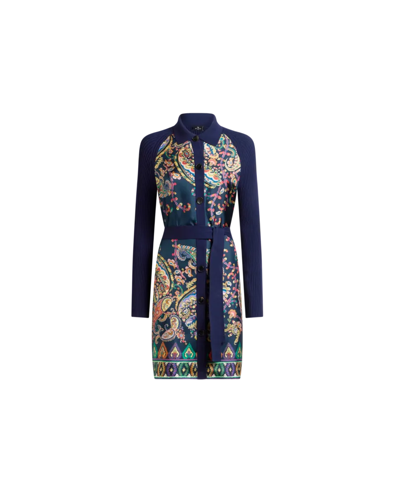 Etro Langer Cardigan Aus Baumwollstrick Mit Seideneinsatz, Damen, Blau, Größe Blau