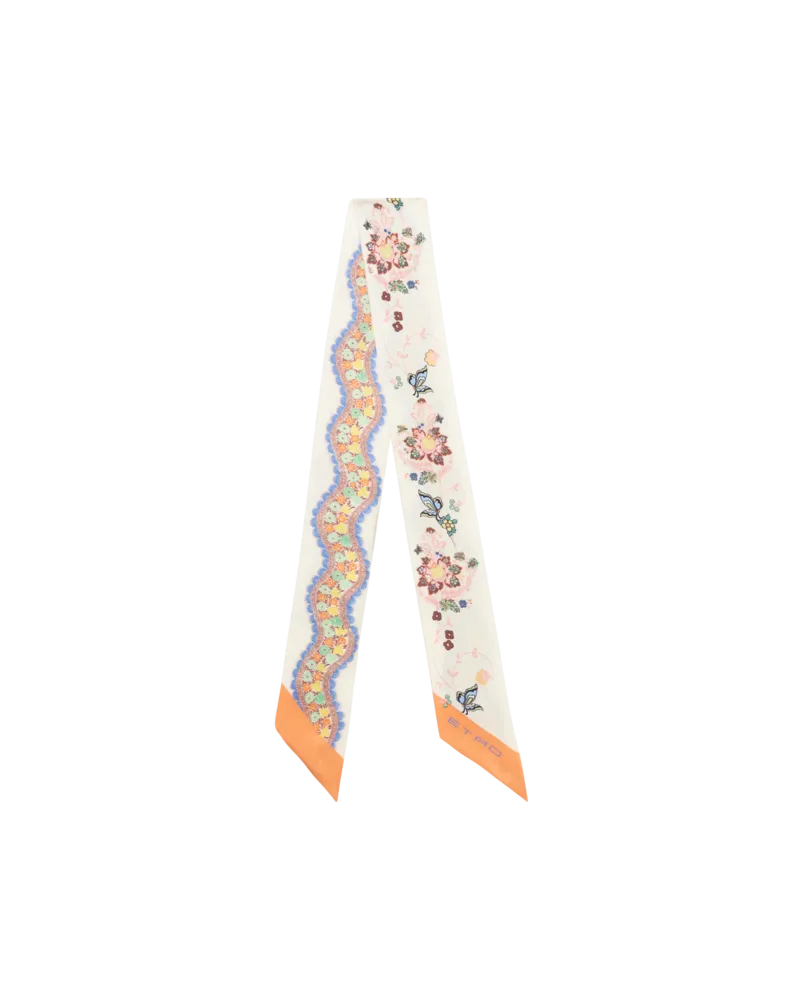 Etro Schmaler Schal Aus Seide Mit Blumen, Damen, Weiß Weiß