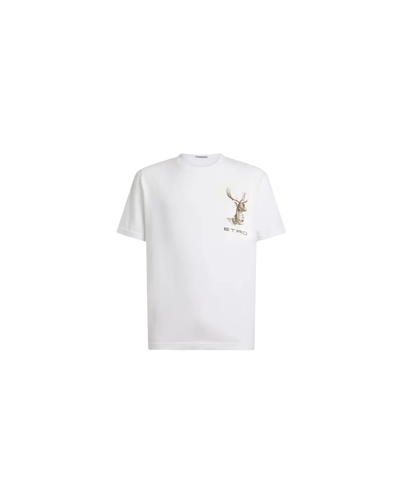 Etro T-shirt Aus Baumwolljersey Mit Etro-stickerei Und Elch-print, Herren, Weiß, Größe Weiß