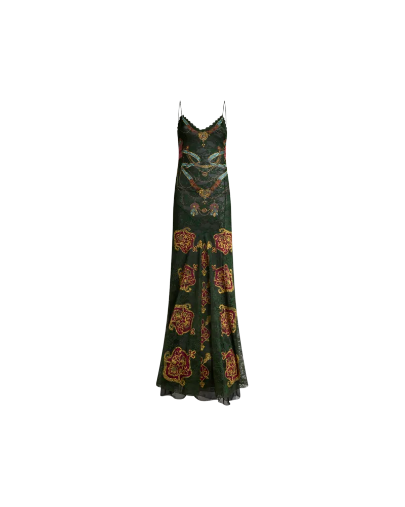 Etro Langes Kleid Aus Jersey Mit Spitze Und Doppeltem, Platziertem Print, Damen, Grün, Größe Grün