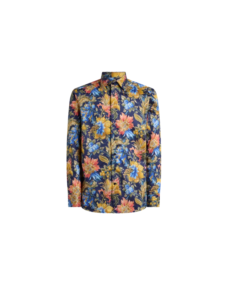 Etro Hemd Aus Satin Aus Baumwolle Mit Floralem Motiv, Herren, Blau, Größe Blau