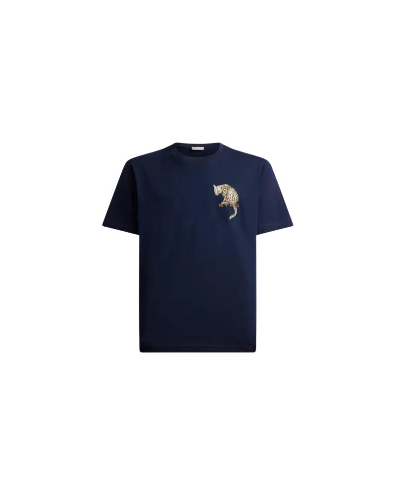 Etro T-shirt Aus Baumwolle Mit Leoparden-print Und Etro-stickerei, Herren, Blau, Größe Blau