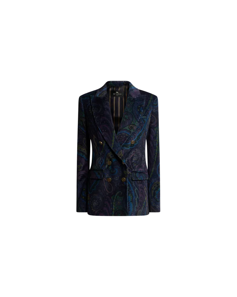 Etro Zweireihige Jacke Aus Bedrucktem Cordsamt, Damen, Blau, Größe Blau