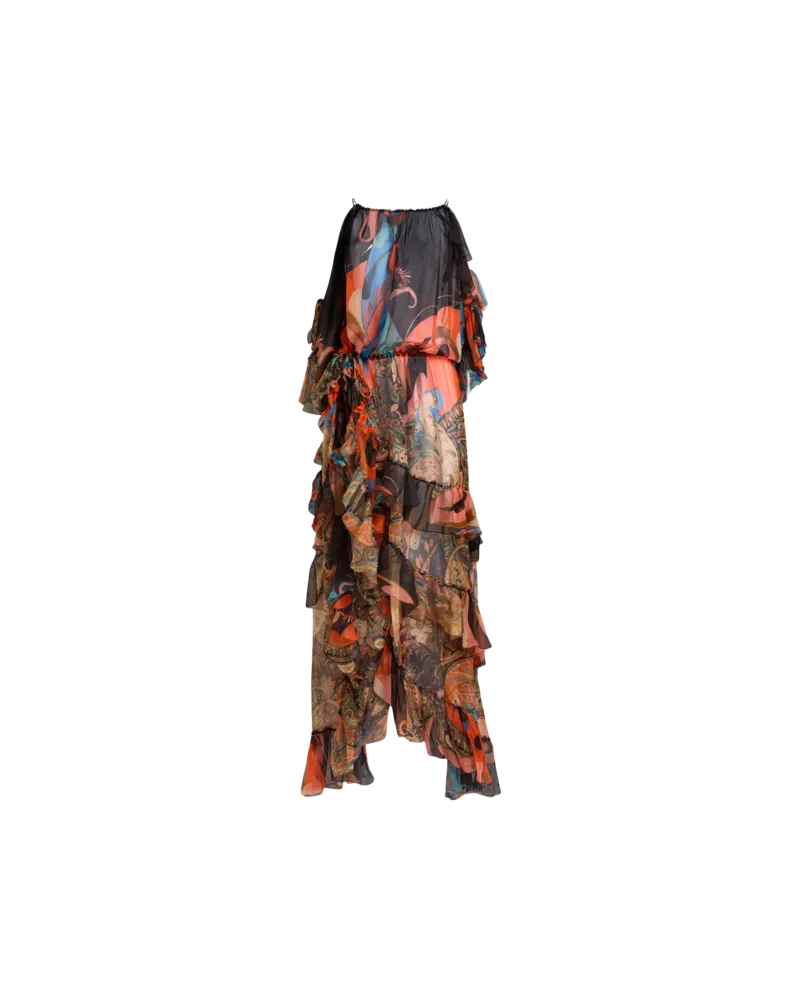 Etro Langes Kleid Aus Seide Mit Rüsche Und Doppeltem Motiv, Damen, Multicolor, Größe Multicolor