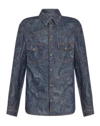 Etro Hemd Aus Denim Twill Mit Paisleymuster, Herren, Navyblau Navyblau