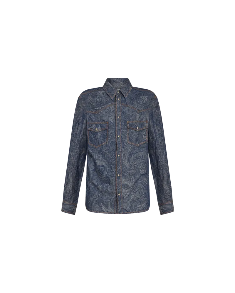 Etro Hemd Aus Denim Twill Mit Paisleymuster, Herren, Navyblau Navyblau