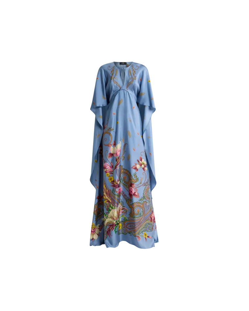 Etro Langes Kleid Aus Seide Mit Cape Und Platziertem, Floralem Paisley-print, Damen, Hellblau, Größe Hellblau
