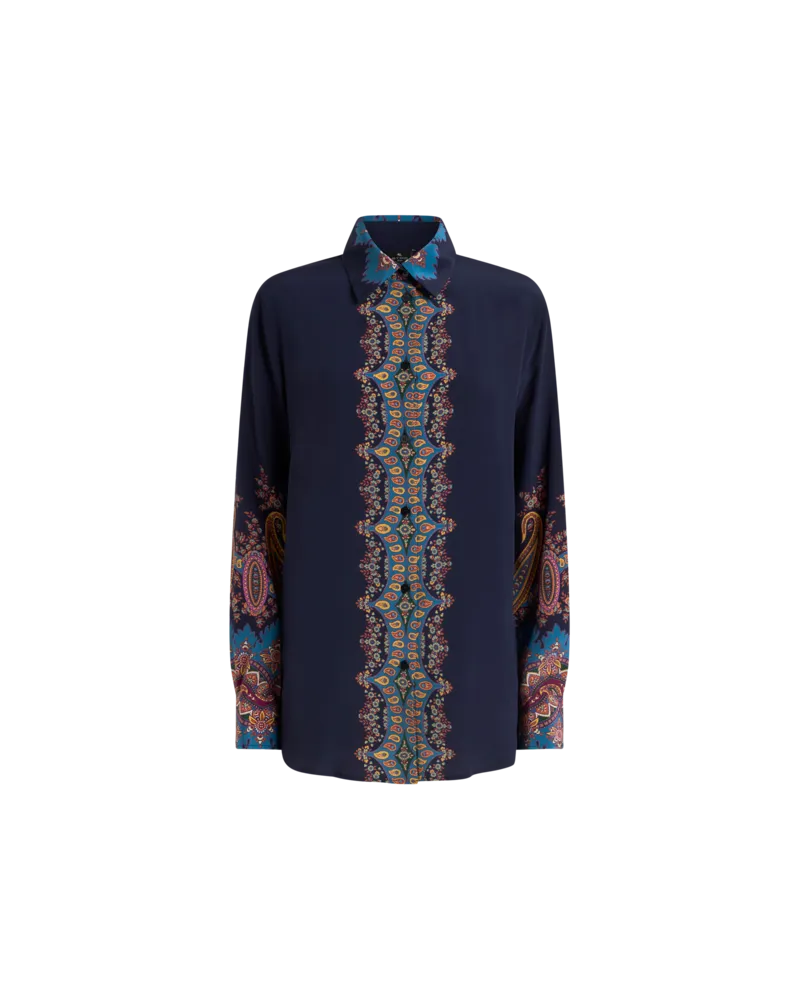 Etro Hemdbluse Aus Seide Mit Platziertem Druck, Damen, Blau, Größe Blau
