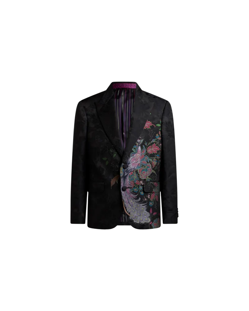 Etro Einreihiger Blazer Aus Fil Coupé Mit Pfau, Herren, Schwarz, Größe Schwarz