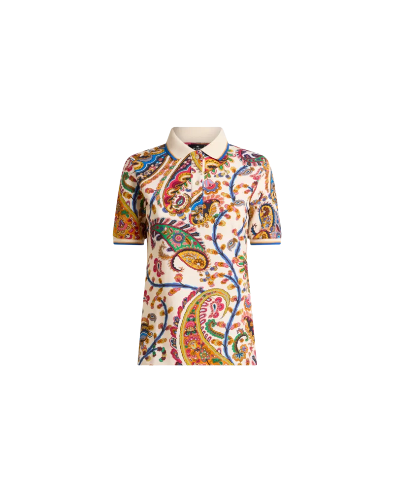 Etro Stretch Cotton Pique Polo Shirt With Floral Paisley Motif, Damen, Beige, Größe Beige