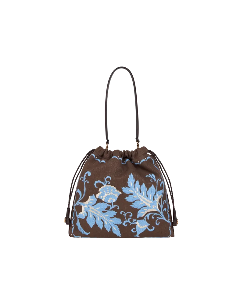 Etro Mittelgrosse Tasche Kalispera Aus Einer Leinenmischung Mit Stickerei, Damen, Braun Braun
