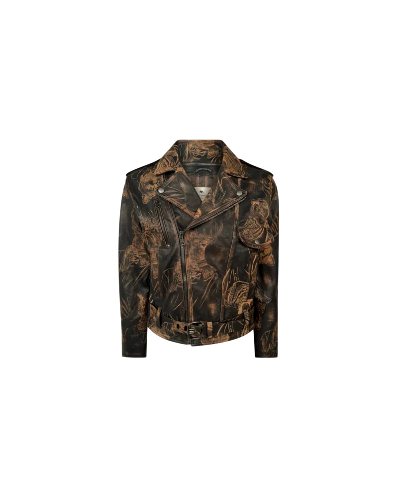 Etro Bikerjacke Aus Leder Mit Tiermotiv, Herren, Schwarz, Größe Schwarz