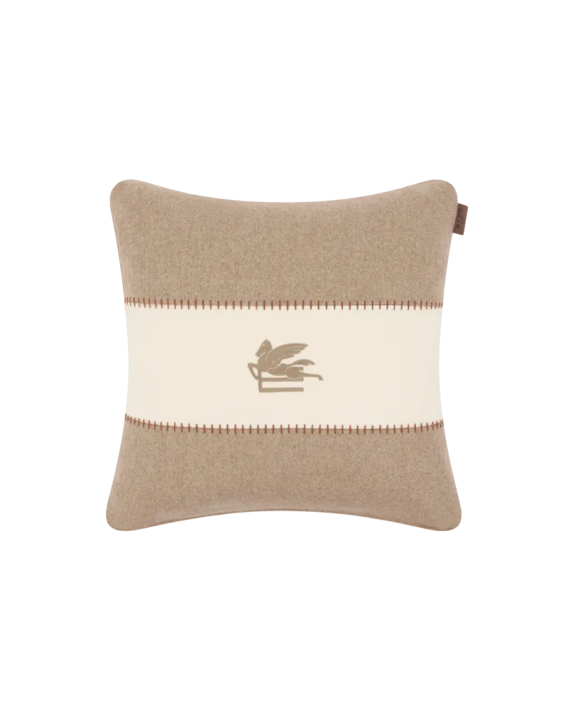 Etro Kissen Aus Einer Wollmischung Mit Streifen Und Gesticktem Pegaso-logo, Beige Beige