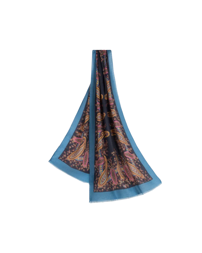 Etro Schal Aus Wolle, Kaschmir Und Seide Mit Print, Damen, Blau Blau