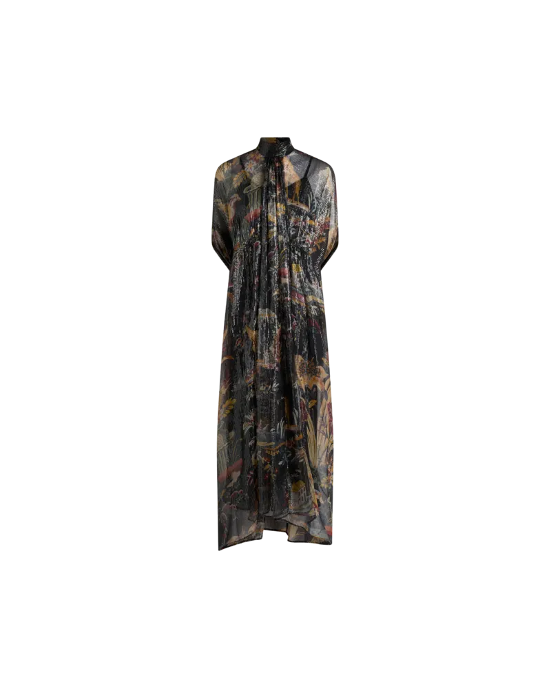Etro Langes Kleid Aus Seide Mit Cape Und Blumen-animal-motiv, Damen, Schwarz, Größe Schwarz