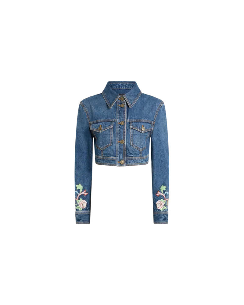 Etro Cropped Jacke Aus Denim Mit Blumenstickerei, Damen, Blau, Größe Blau