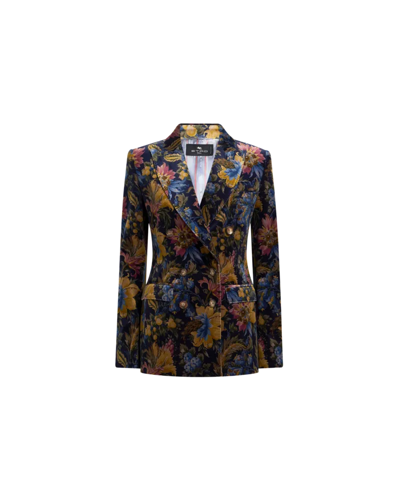Etro Zweireihige Jacke Aus Baumwollsamt Mit Floralem Überdruck, Damen, Blau, Größe Blau